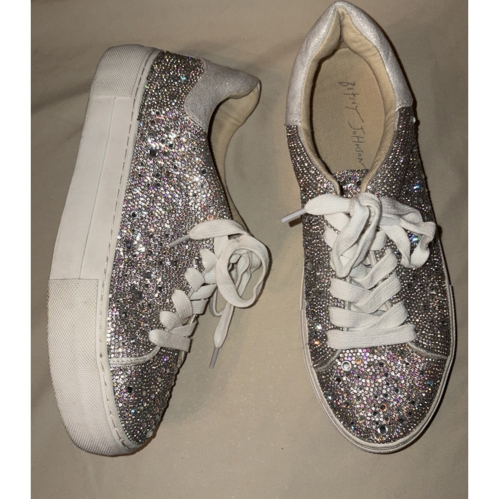 BETSEY JOHNSON 9 M Rhinestone Sidney Shoe Sneaker Bling Lace Up Aurora Borealis
